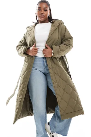 VERO MODA Longline quilted coat with tie belt in olive