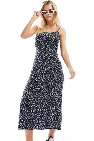 Miss Selfridge Strappy scoop neck maxi slip sun dress in blue ditsy