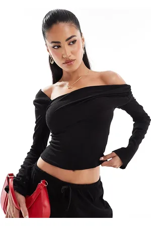 Kaiia Exclusive ribbed asymmetric off shoulder long sleeve top co-ord in