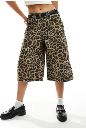 The Ragged Priest Ultra low rise slouchy fit wide leg denim jorts in leopard print