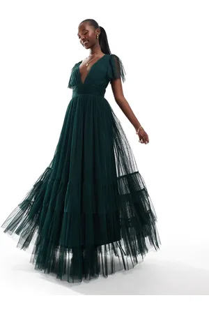Lace & Beads Bridesmaid Madison v neck tulle maxi dress in emerald