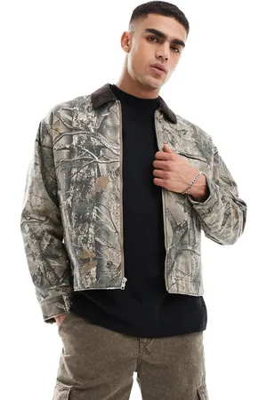 Abercrombie & Fitch Workwear cropped camo print zip front jacket in
