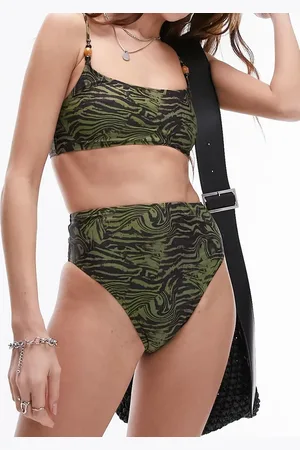 Topshop Mix and match cami bikini top with beads in abstract khaki animal print
