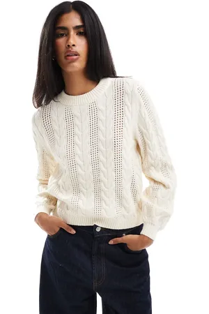 ONLY Round neck cable knit jumper in cream