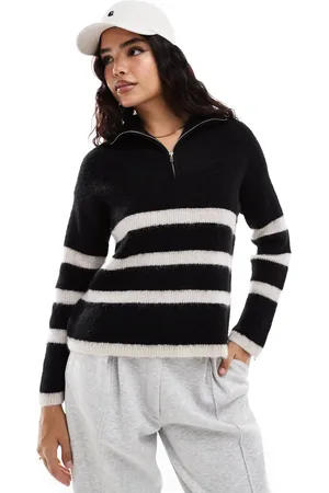 SELECTED Femme half zip knitted merino wool blend stripe jumper in with white stripe