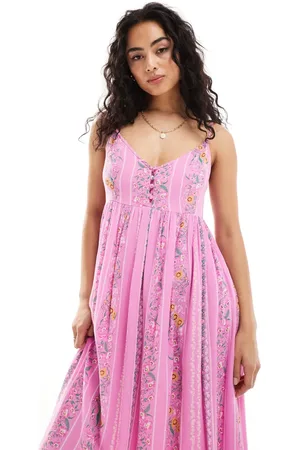 Y.A.S Festival cami maxi dress with button front in pink floral stripe
