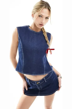 Lioness Denim sleeveless open tie back top co-ord in indigo wash
