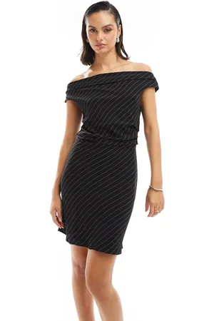 ONLY Off shoulder mini dress in pinstripe