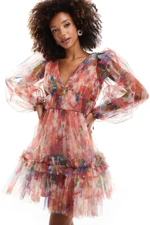 Lace & Beads Balloon sleeve organza mini dress in floral