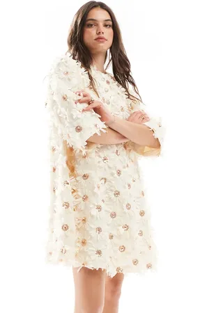 Y.A.S Textured smock mini dress with sequin embellishment in cream - CREAM