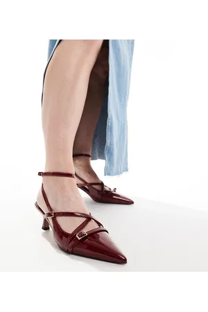ASOS Wide Fit Scottie buckle detail kitten heeled shoes in burgundy