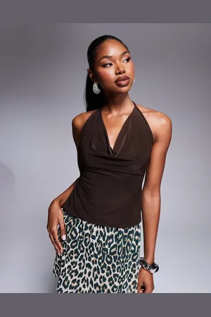 Kaiia Slinky cowl neck tie back top in chocolate