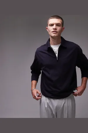 ARKET Half zip jersey top with polo collar in navy