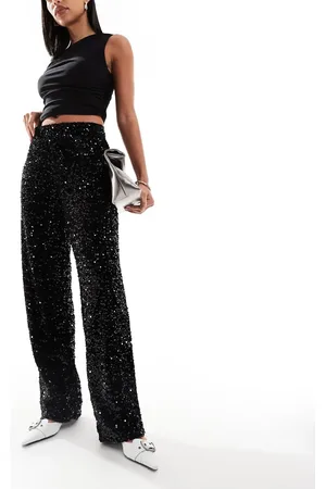 Pieces® Wide leg velour sequin trousers in