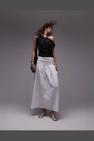 Topshop Smocked waist maxi skirt in ivory with black topstitching