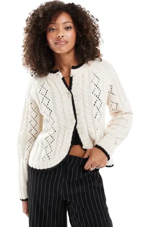 VERO MODA Open knit cardigan with contrast piping in cream