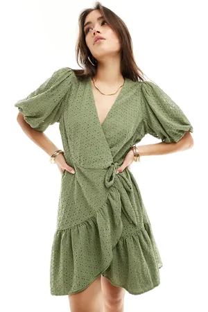 Y.A.S Broderie wrap mini dress in - KHAKI