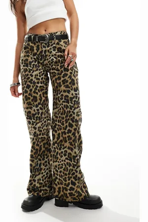 The Ragged Priest Ultra low rise slouchy fit wide leg denim jeans in leopard print