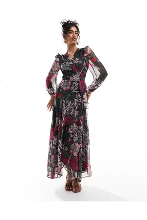 HOPE & IVY In collaboration with The William Morris Society blouson sleeve maxi wrap dress in dark red floral