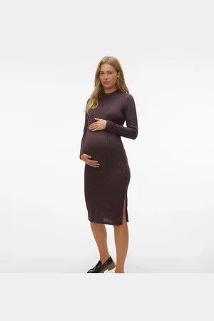 Mama;licious Mamalicious Maternity ribbed knitted midi dress in burgunday