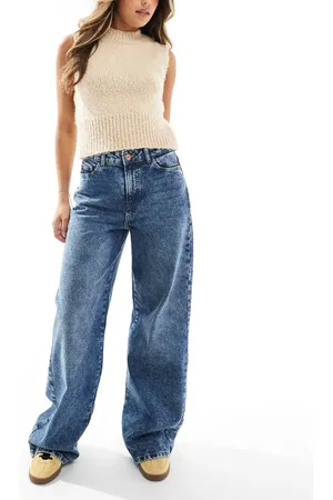 Pieces® Selma high waisted wide leg jeans in medium rinse