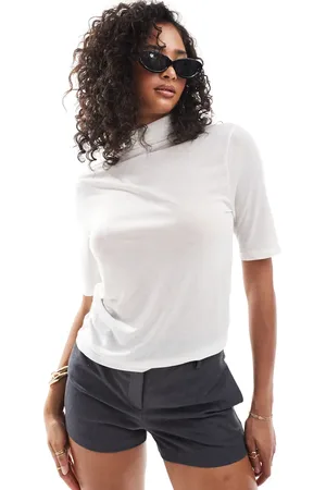 Abercrombie & Fitch Half sleeve sheer jersey top with mock neck in off