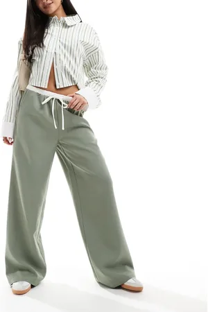Kaiia Drawstring contrast waist wide leg trousers in sage