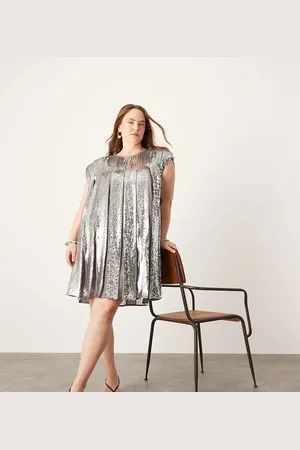 ASOS Curve embellished allover sequin pleat trapeze mini dress in grey