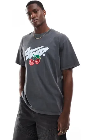 Pull&Bear STWD cherry printed t-shirt in charcoal