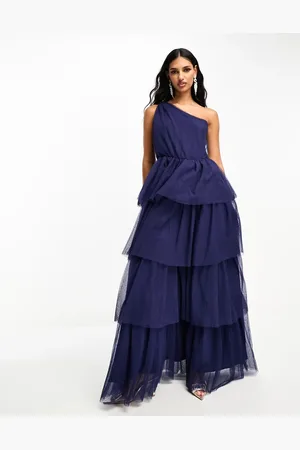 Y.A.S Bridesmaid one shoulder tulle maxi dress in blue