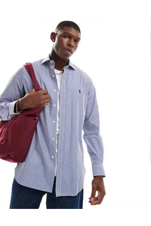 Ralph Lauren Icon logo stripe estate collar poplin dress shirt in royal /white