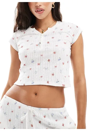 Kaiia Mix and match pointelle short sleeve button through pyjama top in cream ditsy