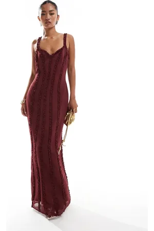 Pretty Lavish Sweetheart ruffle maxi dress in wine