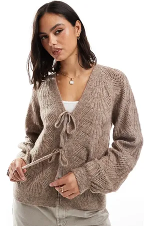 Object Knitted tie front cardigan in desert taupe