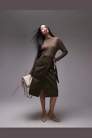 ARKET Midi wrap skirt with pleat detail and utility pocket in dark khaki