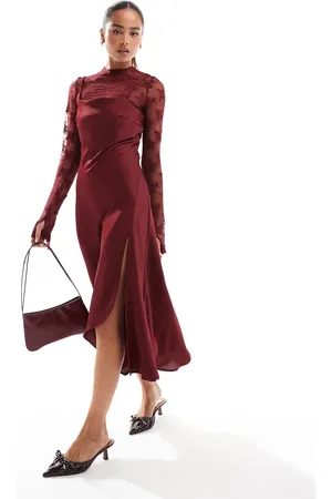 Y.A.S Hybrid high neck lace top and sating slip dress in cabernet