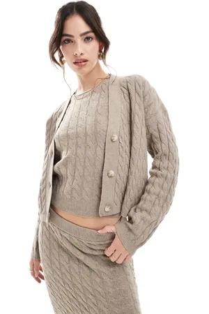 VERO MODA Aware cable knit boxy cardigan co-ord in beige melange