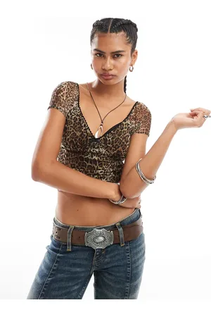 Daisy Street 90s leopard print top with black lace and bow