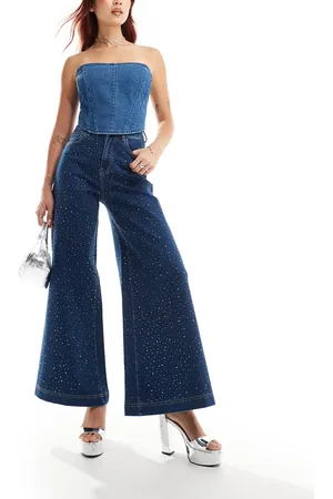 Amy Lynn Embellished wide leg jeans in dark wash