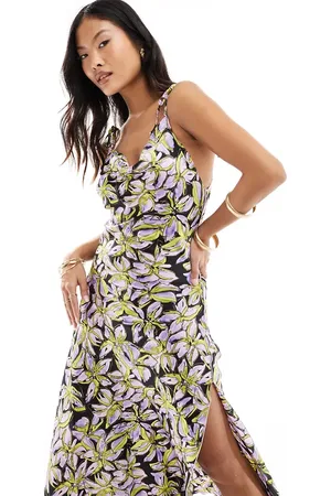 VERO MODA Satin tie shoulder maxi slip dress with seam detail in print