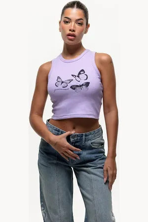 Good For Nothing Ribbed vest top with butterfly print in lilac