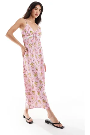 Y.A.S Cami maxi dress with lace detail and bow in pink floral spot print