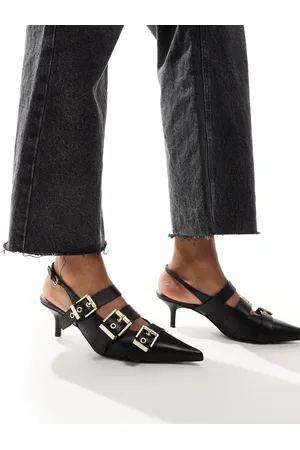 AllSaints Grace buckle sling back leather kitten heeled shoe in
