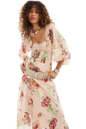 Free People Rose floral print shirred boho midaxi dress in