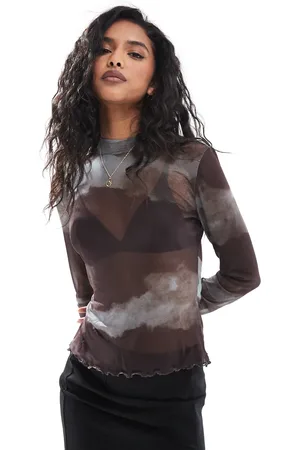 VILA Long sleeved mesh top in chocolate watercolour print