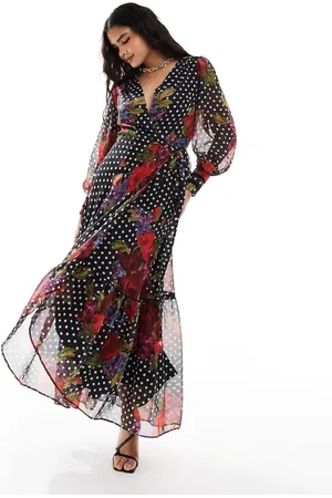 HOPE & IVY Blouson sleeve maxi wrap dress with lace cuffs in dark floral
