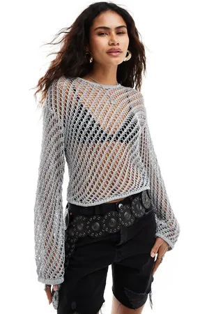 Monki Long sleeve open knit long sleeve top in glitter