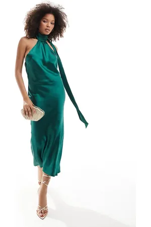 Pretty Lavish Satin scarf midaxi dress in emerald