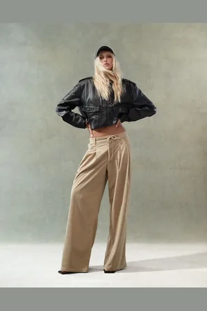 Lioness Corduroy slouchy low rise tie detail wide leg trousers in beige