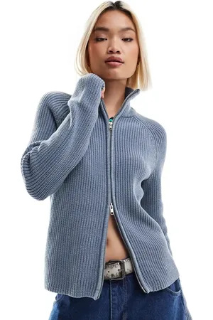 Monki Ribbed knitted two way zip cardigan in blue acid wash